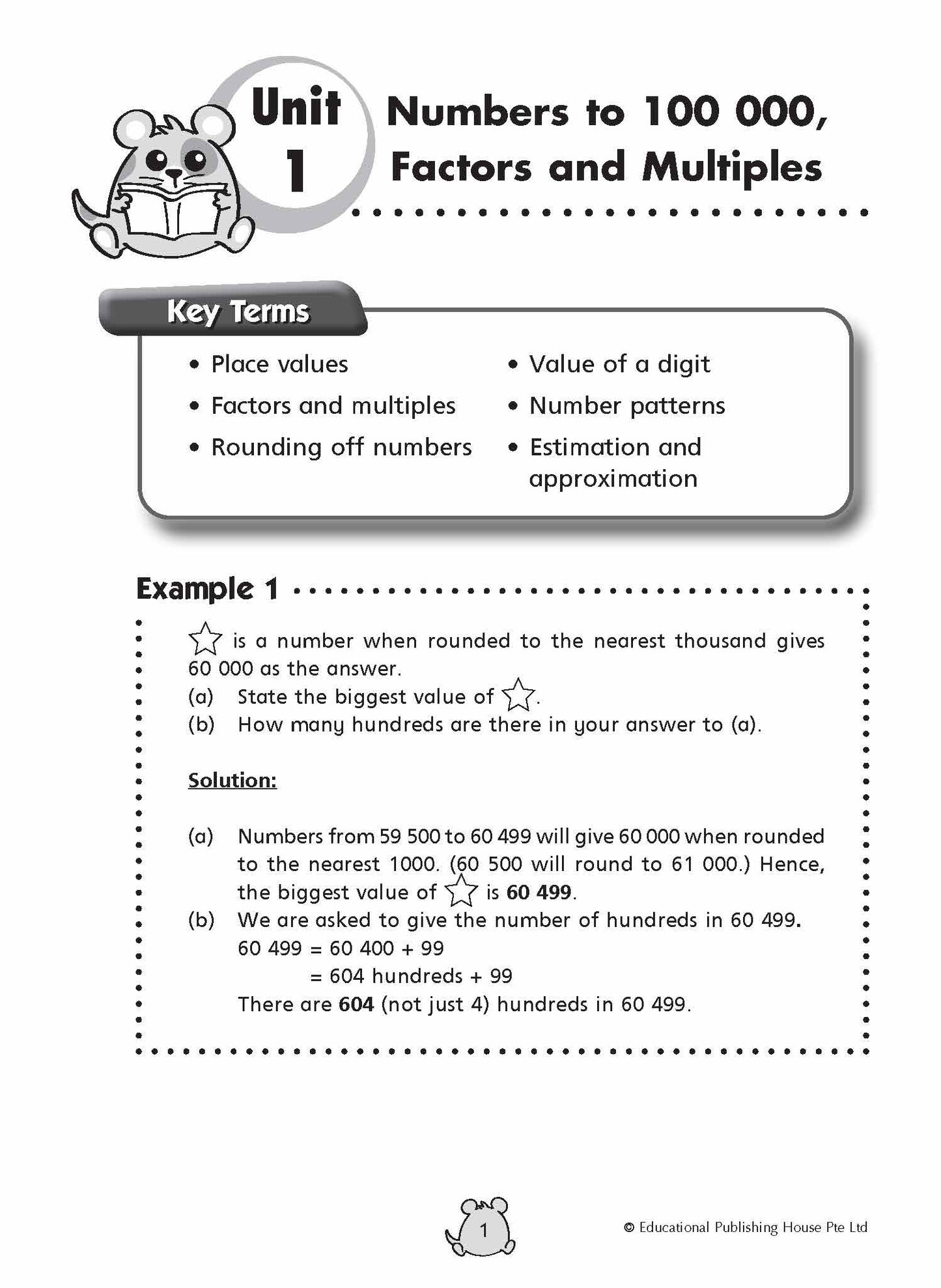 Educational worksheet on numbers to 100,000, factors, and multiples with key terms and example problem.
