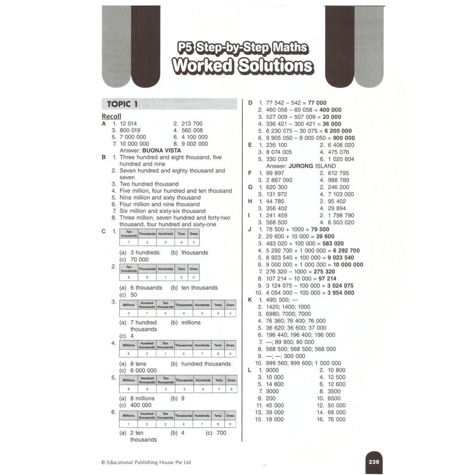 Mathematics workbook page with step-by-step solutions and topic outlines.