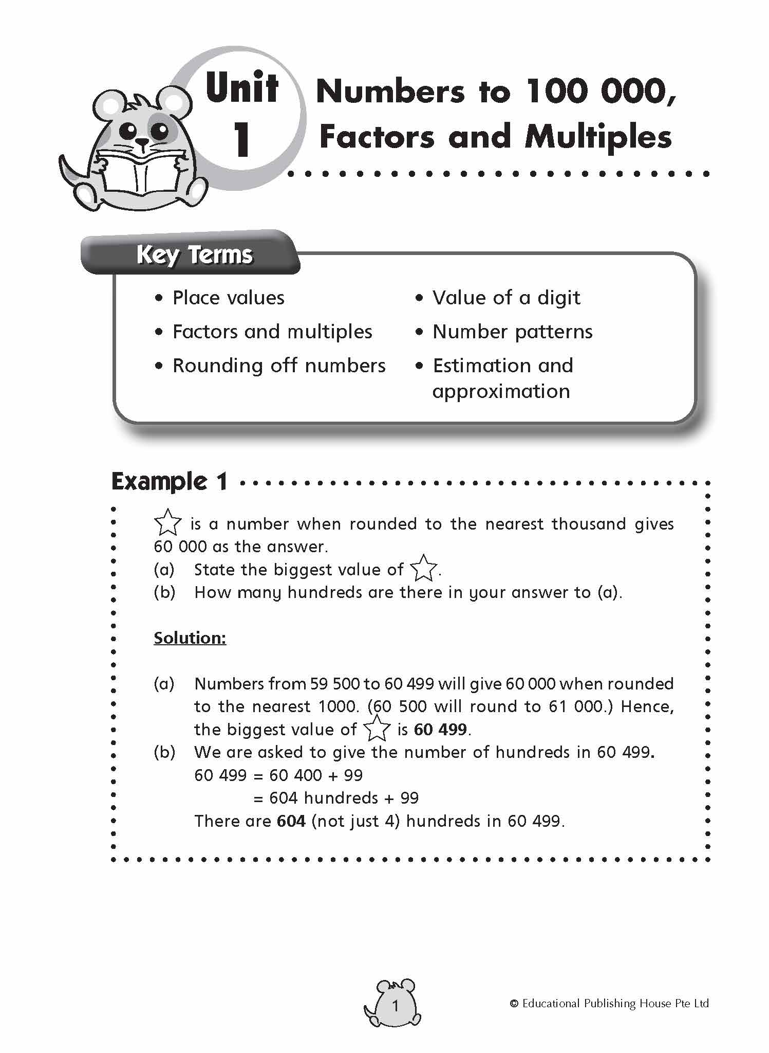 Educational worksheet on numbers to 100,000, factors, and multiples with key terms and example problem.