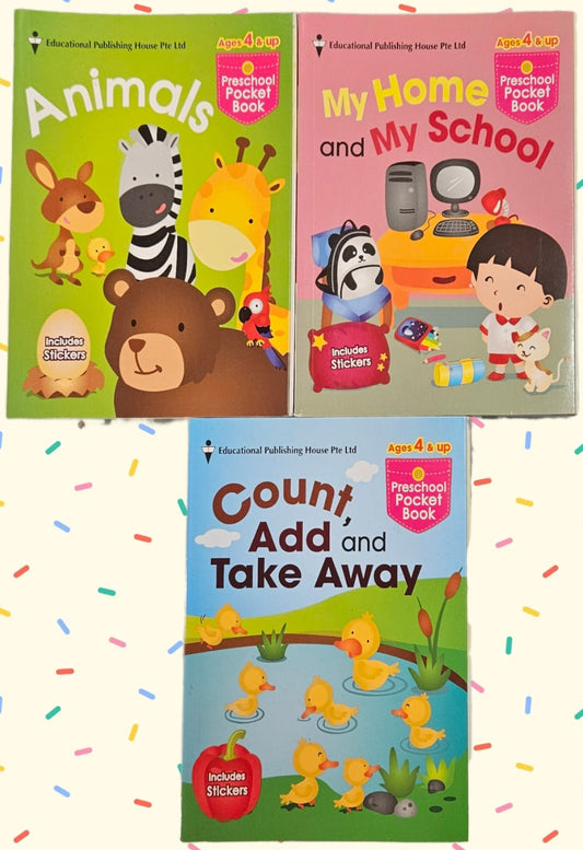 Preschool Pocket Book set of 3- Animals, Count Add and Take Away, My Home and My School - Singapore Books