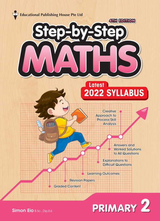 Book cover of 'Step-by-Step Maths' for Primary 2 with a child illustration and educational text.
