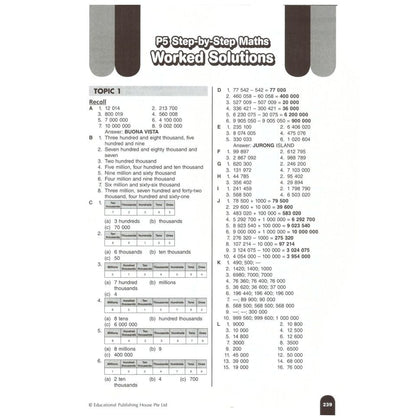 Mathematics workbook page with step-by-step solutions and topic outlines.