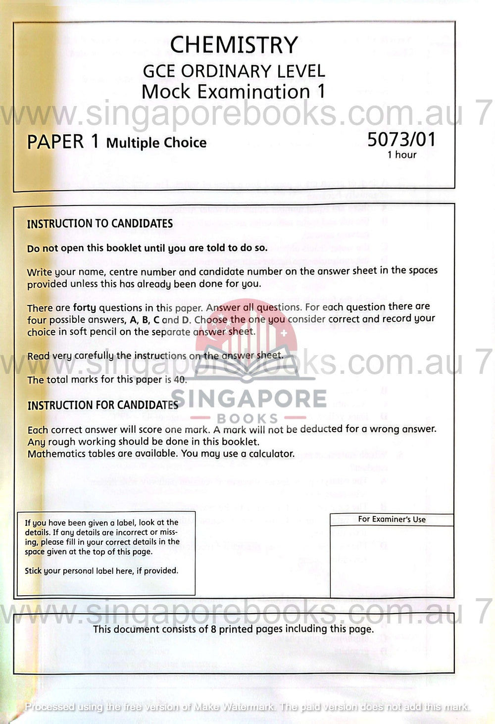 Secondary 3 & 4 - GCE/GCSE O Levels OL Chemistry mock examination papers - Singapore Books