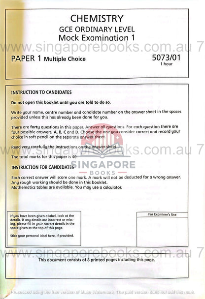 Secondary 3 & 4 - GCE/GCSE O Levels OL Chemistry mock examination papers - Singapore Books