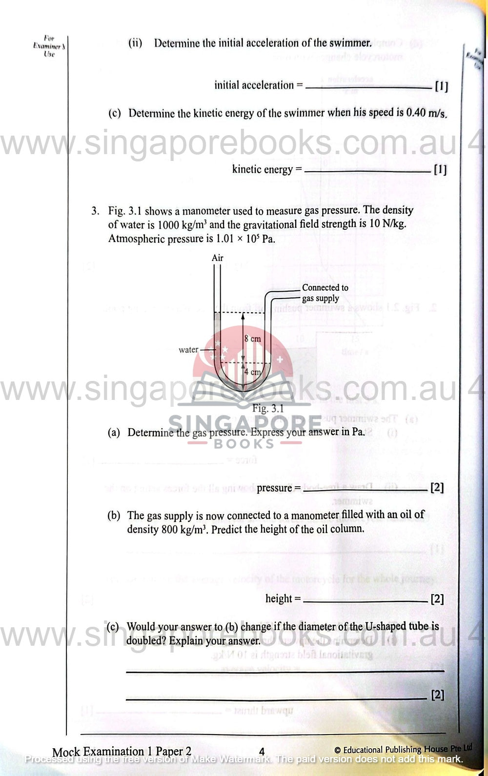 Physics exam paper with questions and a diagram of a manometer.