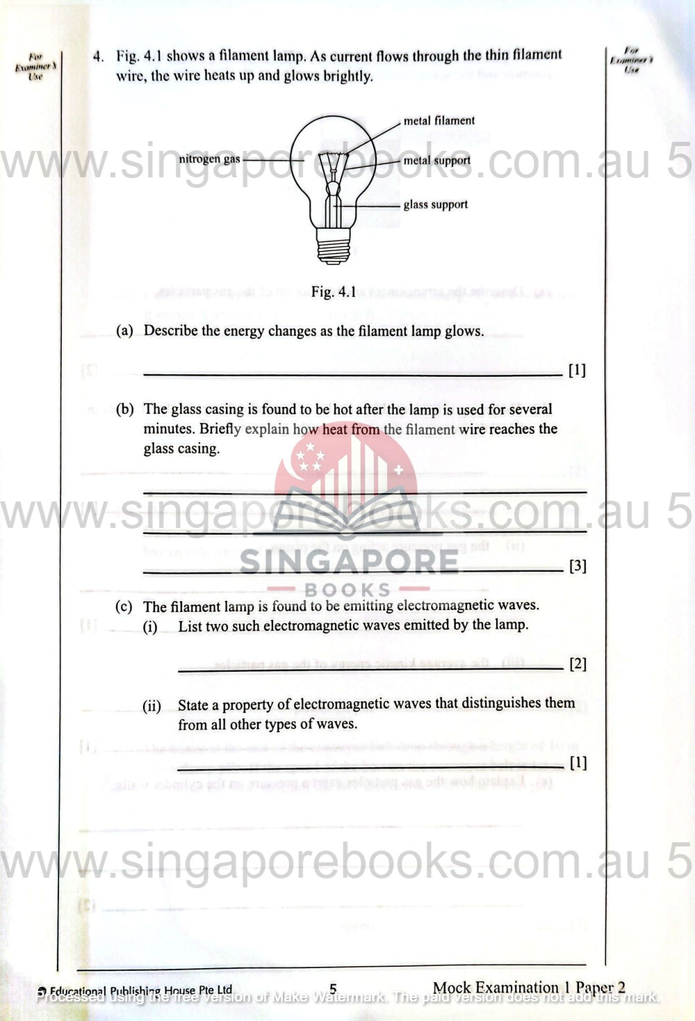 Educational worksheet with a diagram of a light bulb and questions related to it, from Singapore Books.