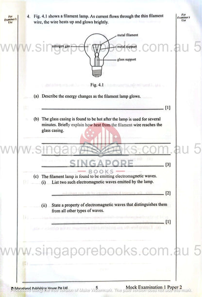 Educational worksheet with a diagram of a light bulb and questions related to it, from Singapore Books.