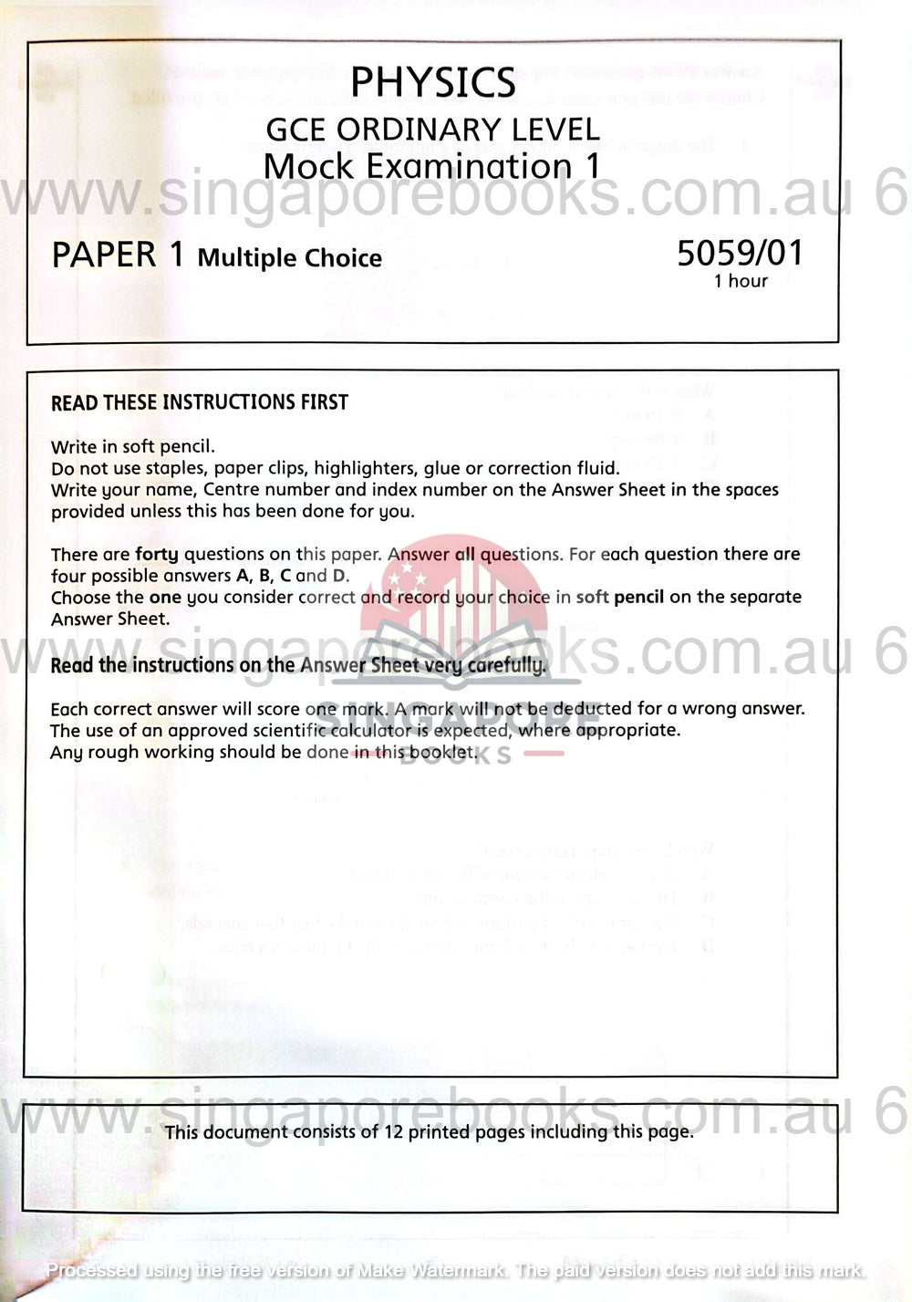 Physics GCE Ordinary Level mock examination paper with instructions and details.