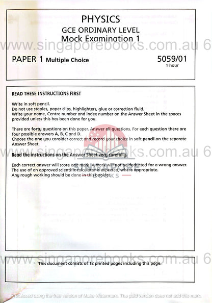 Physics GCE Ordinary Level mock examination paper with instructions and details.