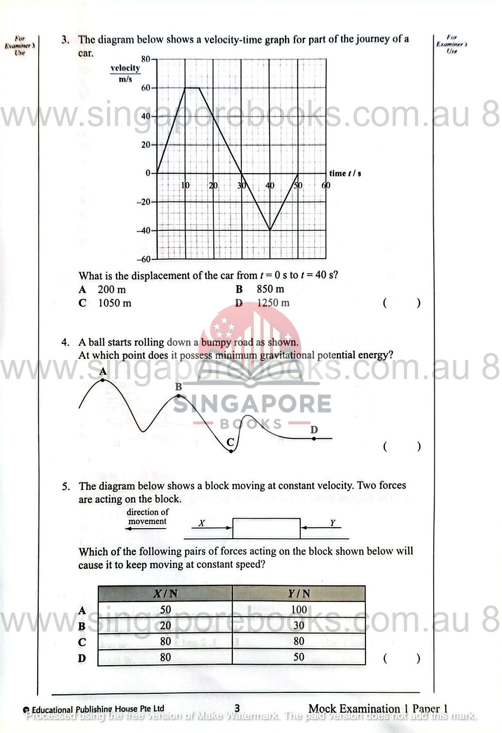 Educational worksheet with multiple-choice questions and a velocity-time graph, featuring Singapore Books branding.