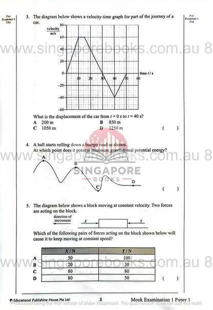 Educational worksheet with multiple-choice questions and a velocity-time graph, featuring Singapore Books branding.