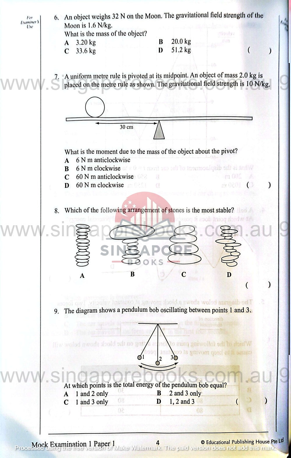 Educational worksheet with physics problems and a Singapore Books logo.