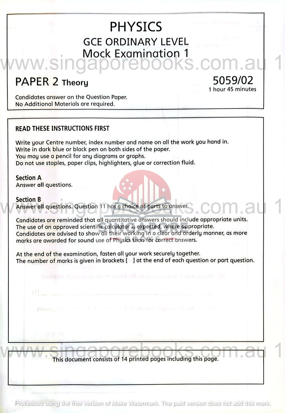 Physics GCE Ordinary Level mock examination paper with instructions and details.