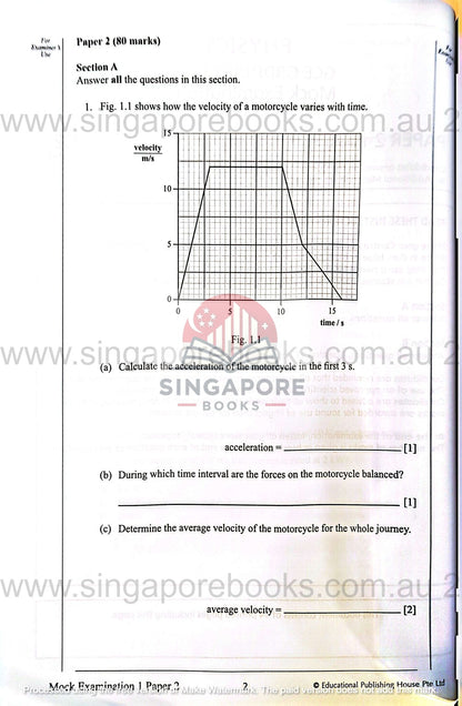 Mathematics exam paper with a velocity-time graph and questions on acceleration and average velocity.