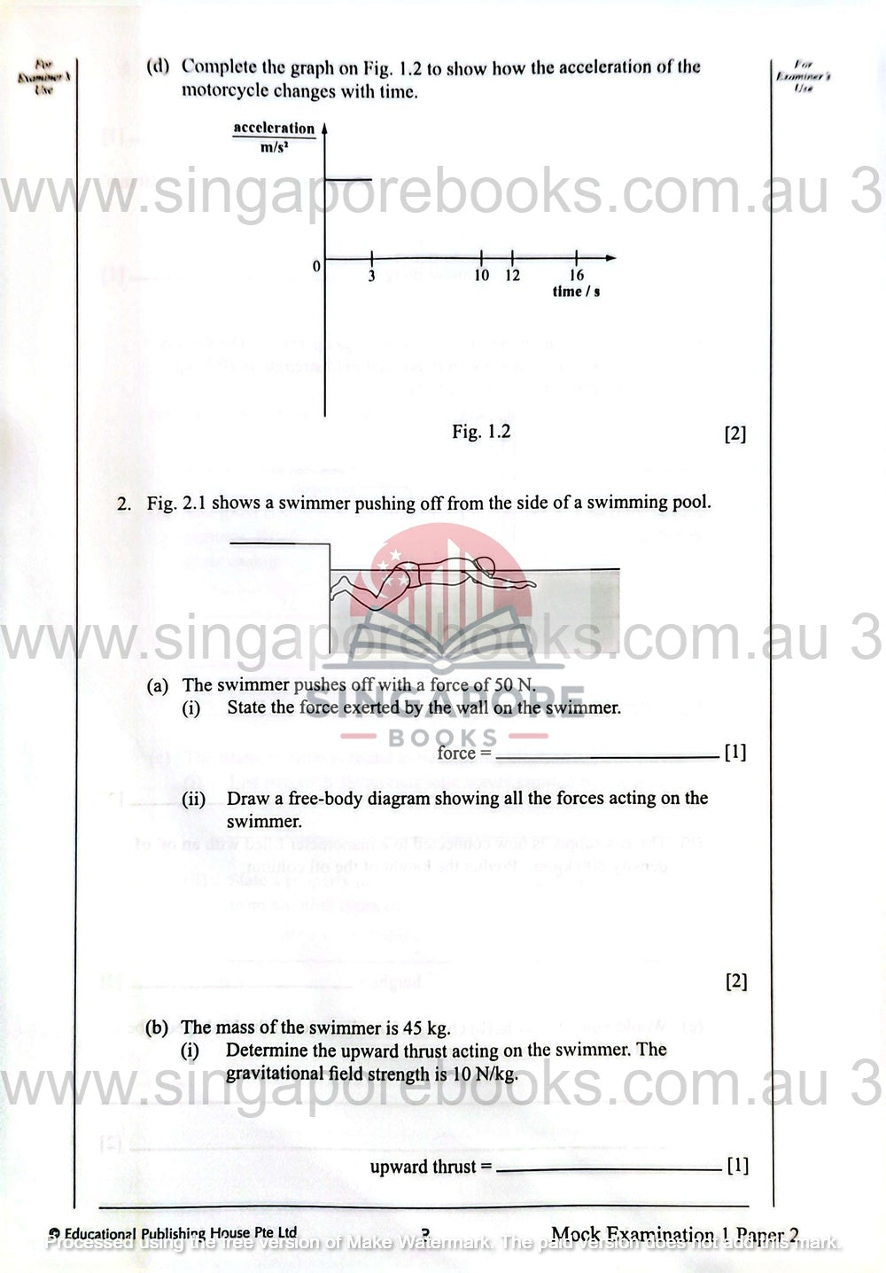 Educational worksheet with physics problems and a diagram of a swimmer pushing off a pool side.