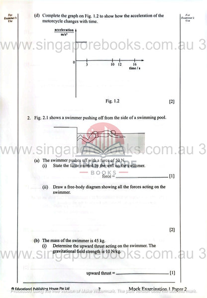 Educational worksheet with physics problems and a diagram of a swimmer pushing off a pool side.