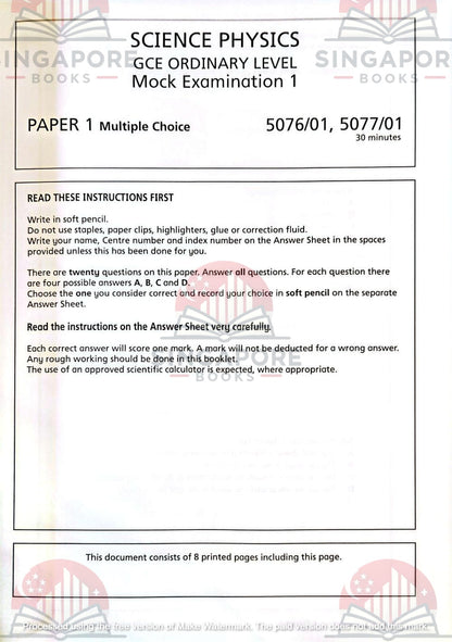 Secondary 3 & 4 - GCE/GCSE O Levels Science Physics mock examination papers