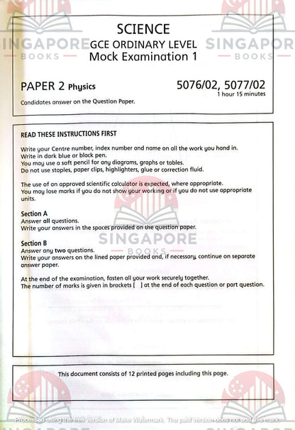Secondary 3 & 4 - GCE/GCSE O Levels Science Physics mock examination papers